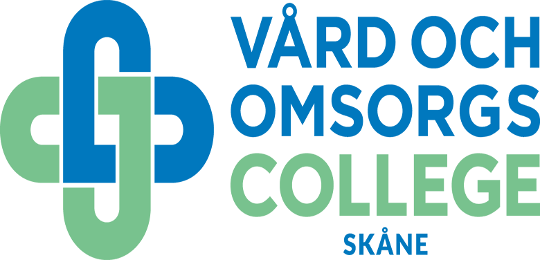 Vård- och omsorgscollege Skåne står i grön och blå text
