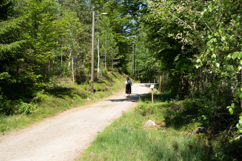grusväg i skog. längre bort går en kvinna på vägen