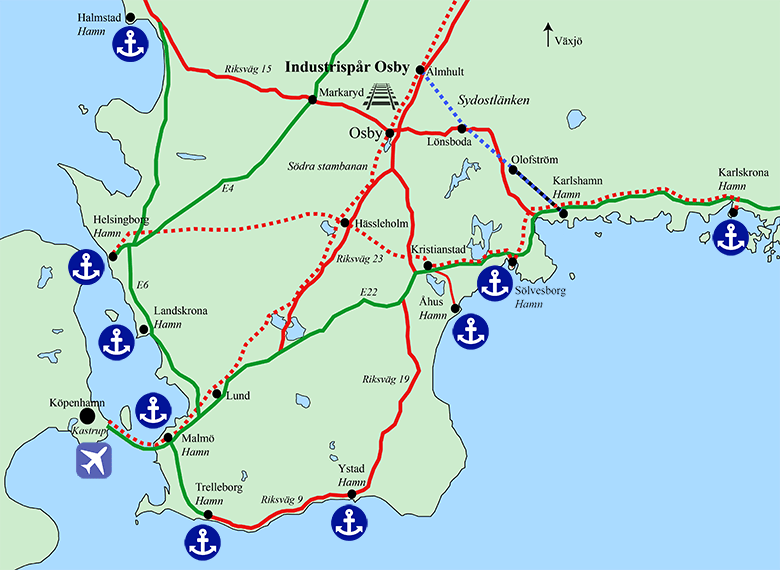 Karta över Skåne och södra Småland med järnväg, riksvägar och hamnar uppmärkt