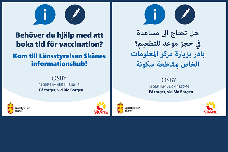 Bild med information på svenska och arabiska om att Länsstyrelsens hälsokommunikatörer besöker Osby den 13 september 2021.